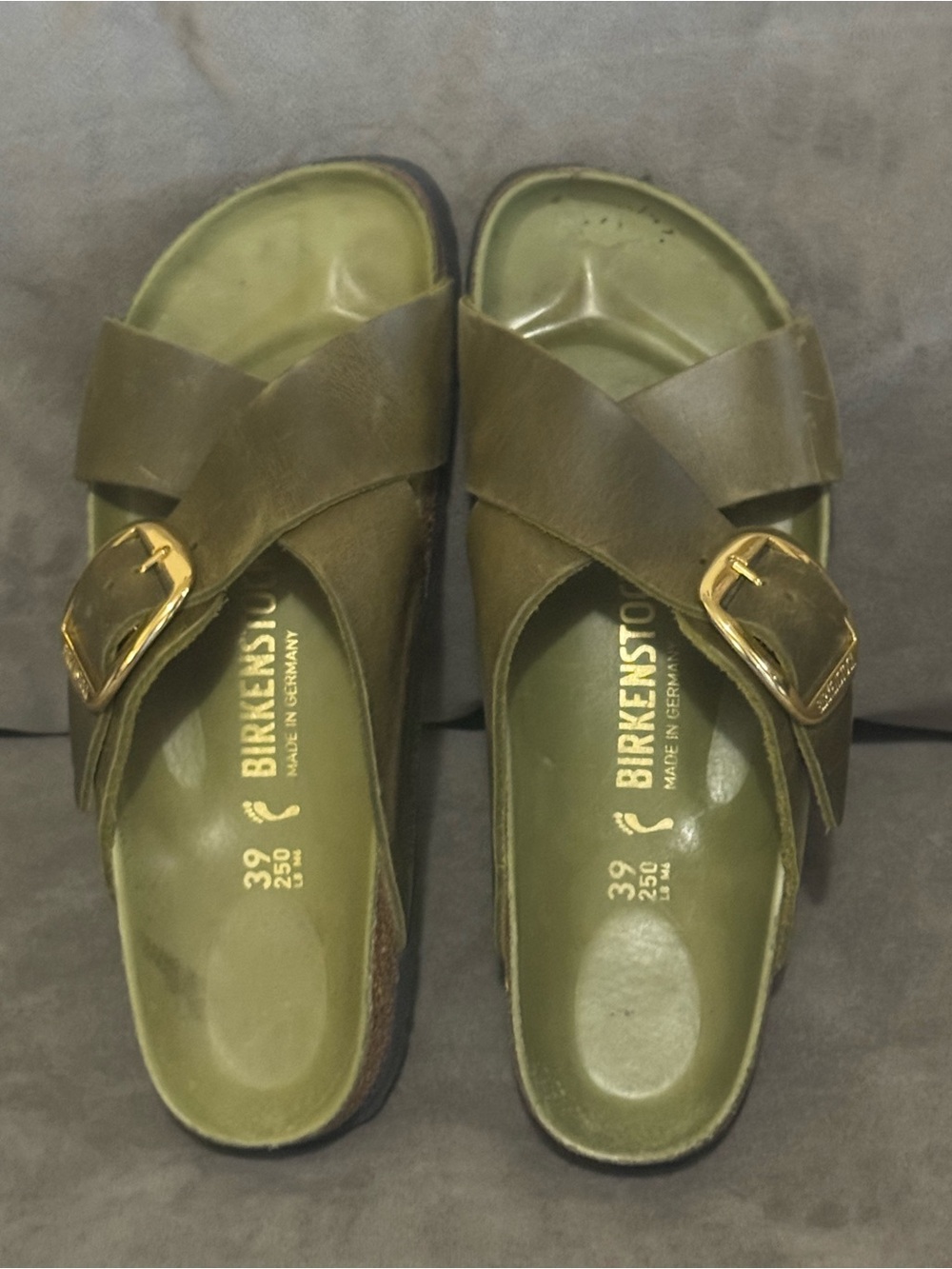 Birkenstock Siena Olive Green Cross-Strap Sandals with Gold Buckles